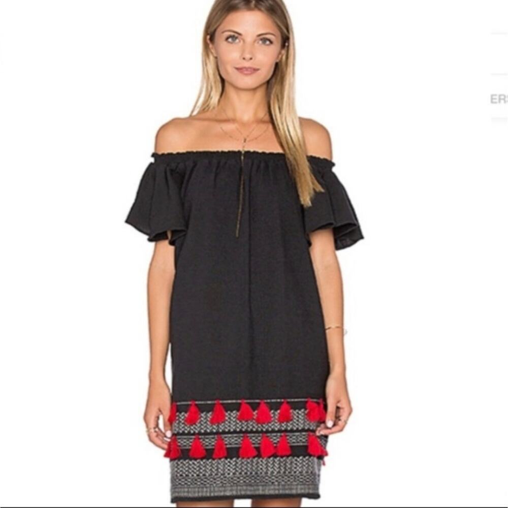 Piper Perth Dress M Black Red Tassel Off Shoulder Boho Mini Cocktail Party - Picture 7 of 7